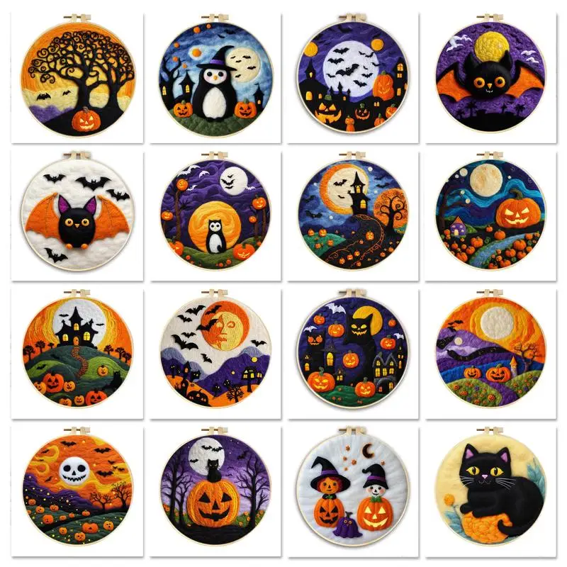 

DIY Wool Needle Felting Black Cat Witch Pumpkin Wool Felting Handmade Wool Craft Painting Set With Embroidery Kit Halloween Gift