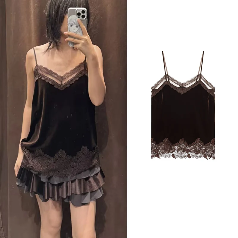 

Женская блузка, осень 2024, новая мода, кружевное украшение, тонкий v-образный вырез, элегантные женские майки, шикарные уличные молодежные праздничные топы с Джокером