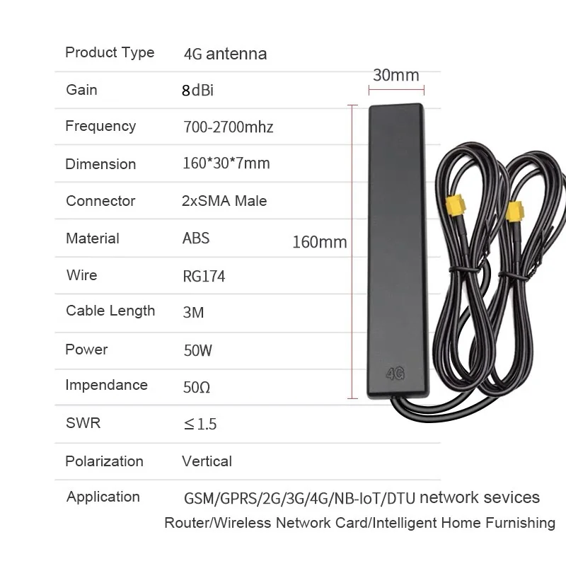 4G 5G Patch Antenna 600-6000MHz 8dBi Dual SMA Male TS9 CRC9 Connector 3M Extension Cable for Wifi Router IP / PC / Camera