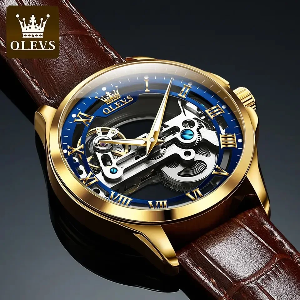 OLEVS Luxury Automatic Mechanical Watch for Men Skeleton Dial Leather Strap Waterproof Luminous Fashion Business Man Wristwatch