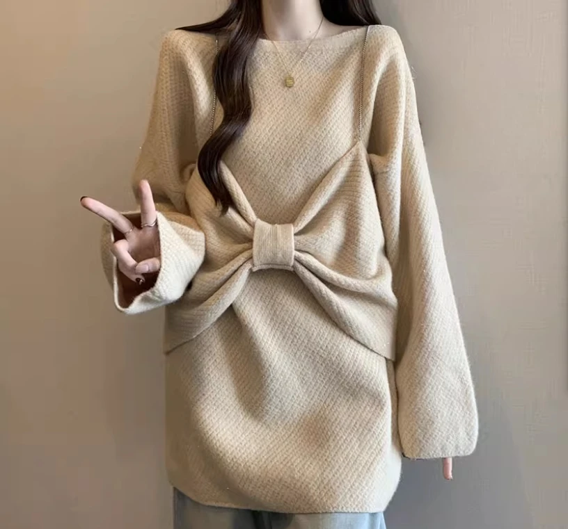 الخريف حجم كبير الأحمر فضفاضة طويلة الأكمام طاقم الرقبة سترة المرأة سميكة محبوك المتوسطة وطويلة الحلو القوس سترة قطعتين مجموعات