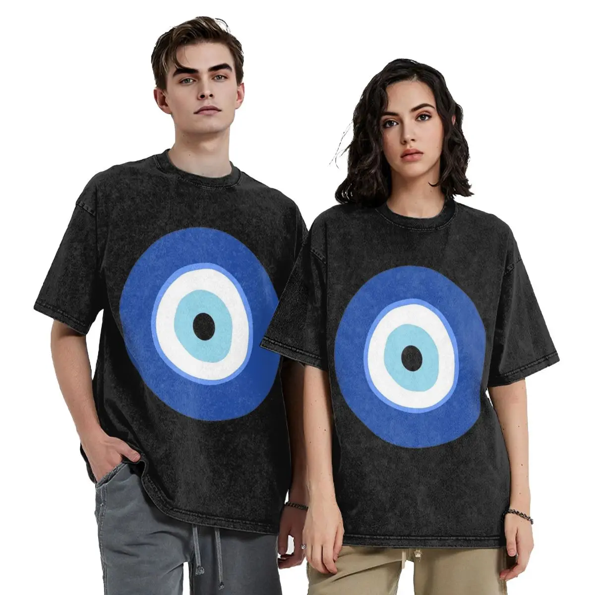 Greek Turkish Evil Eye Hip Hop Short Sleeve T-Shirts Washed Tops Tees Streetwear T Shirt Oversized for Men Women