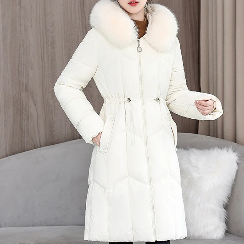 แฟชั่นผู้หญิงเสื้อฤดูหนาวที่อบอุ่นHooded 2024 Elegant Faux Fur Collar Ladyแจ็คเก็ตหนายาวParkas