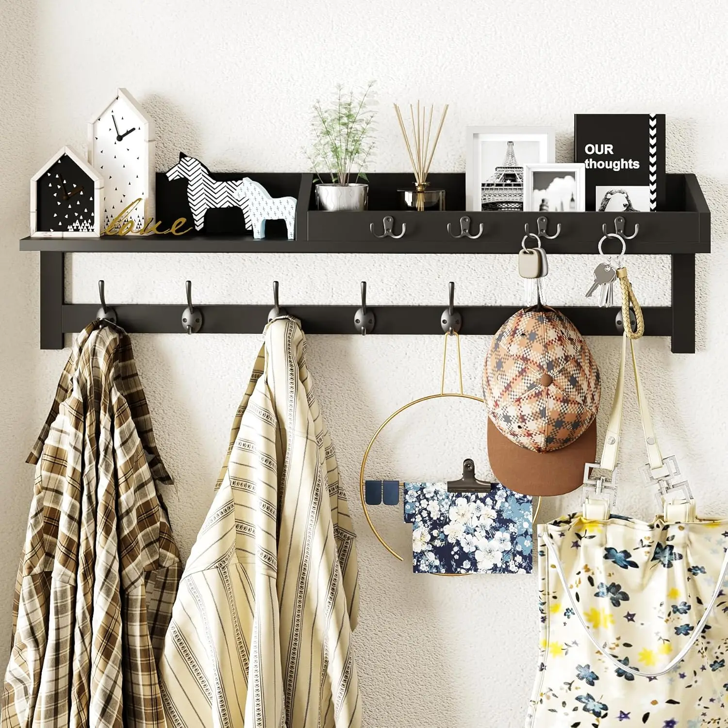 

35 Inch Wall Mounted Coat Rack with Shelf, 7 Dual Hooks, Key Holder and Mail Organizer in Black Wood