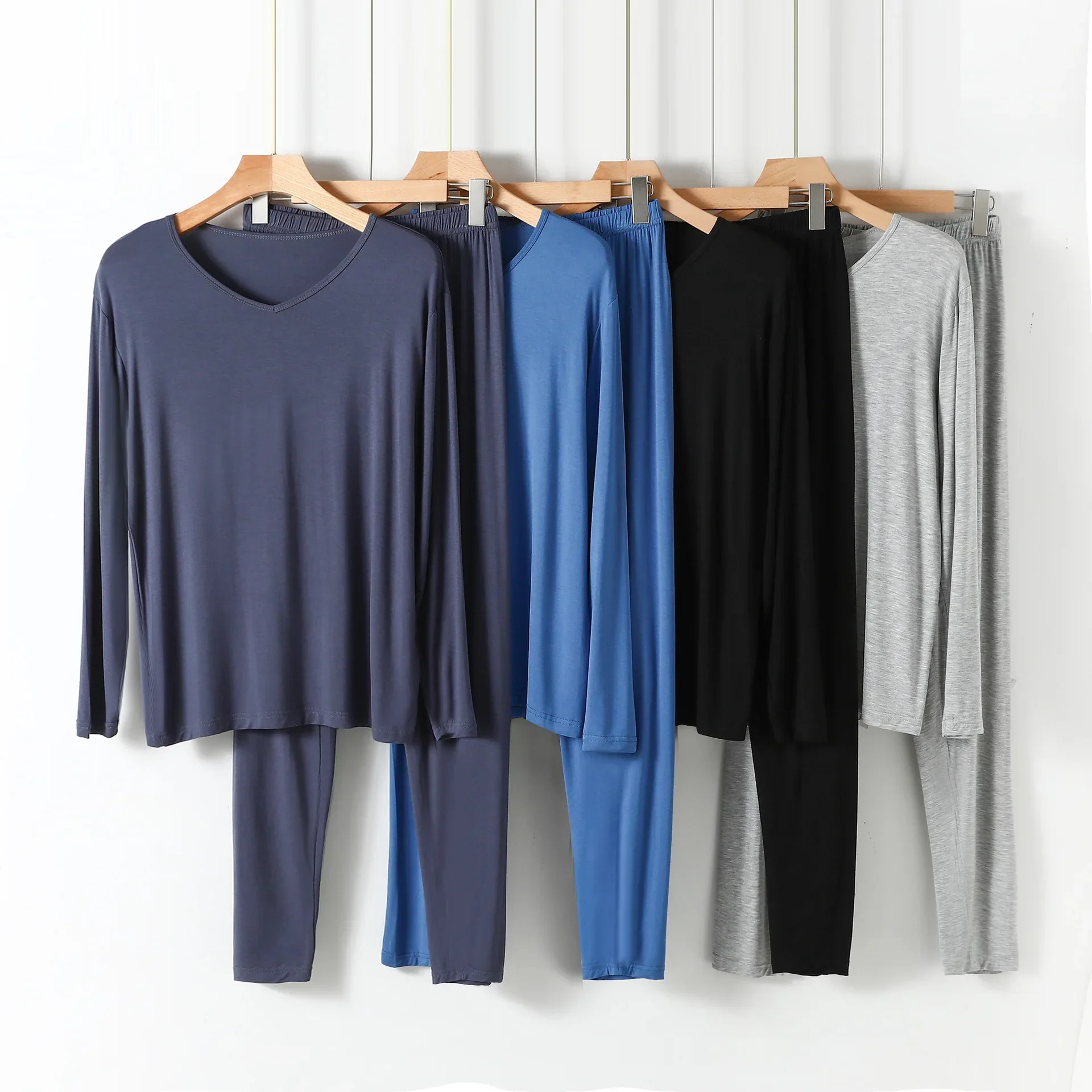 New  Men's Modal Homewear Pajamas V-neck Long Sleeve Pants Sets Draping Smooth Elastic Comfortable Lounge Sleepwear for Men