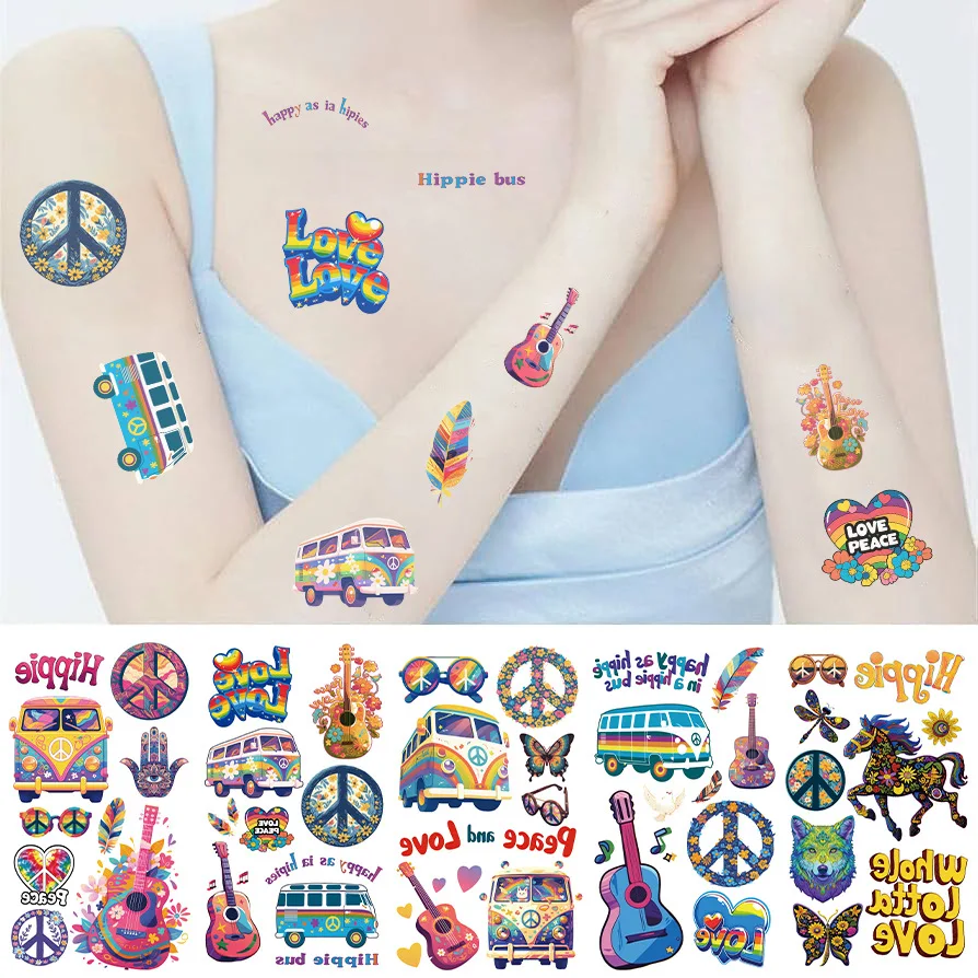 10 Sheets Hippie Tattoo Sticker Temporary Fake Tattoo Arm Hands Body Waterdichte Tatouages Pour Kids Toy Gift