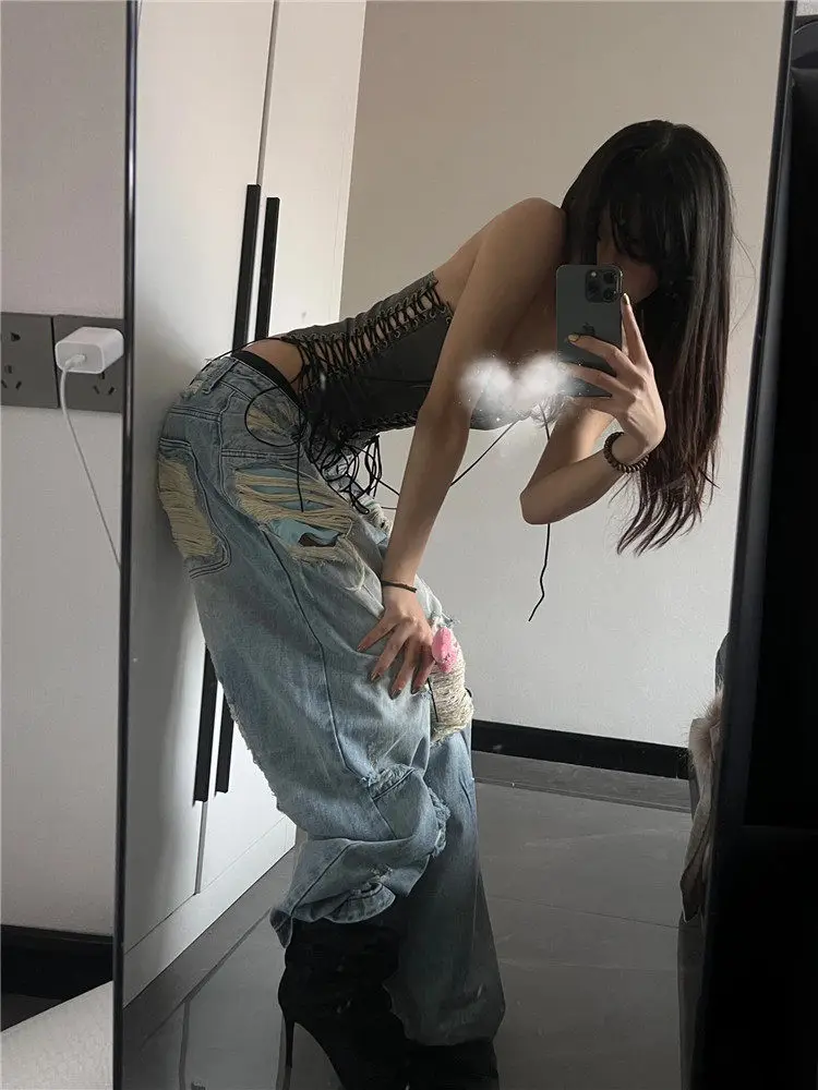 

American Style Spicy Low Waist Wide Leg Jeans Men Women Spring Summer Loose Drapey Tall Guys Extended Hole Pants