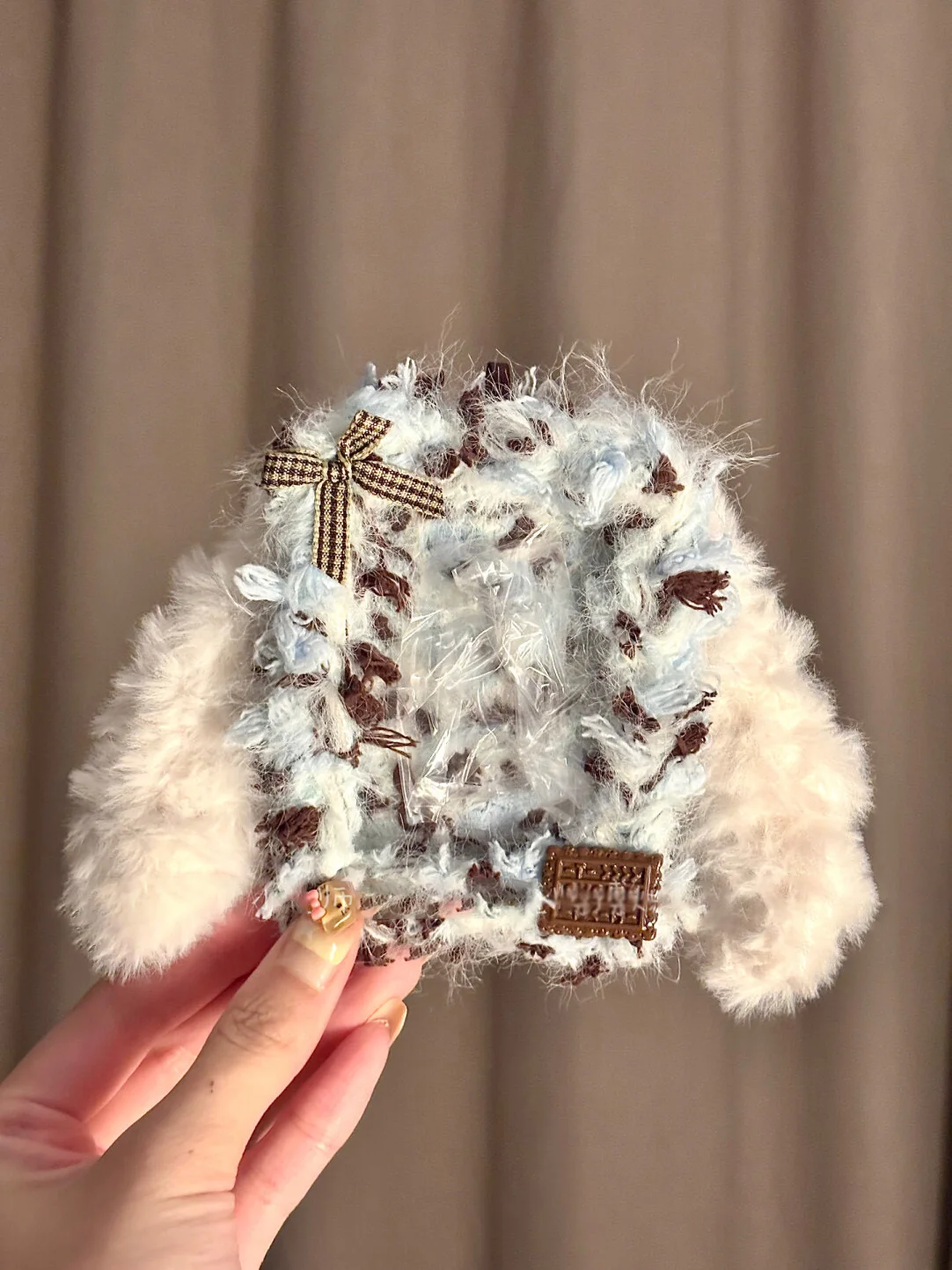 Chocolate Blue Toploader Photocard Holder Keychain Cards Sleeve Handmade Yarn Decoration Kpop Cards Display with Fuzzy Cute Ears