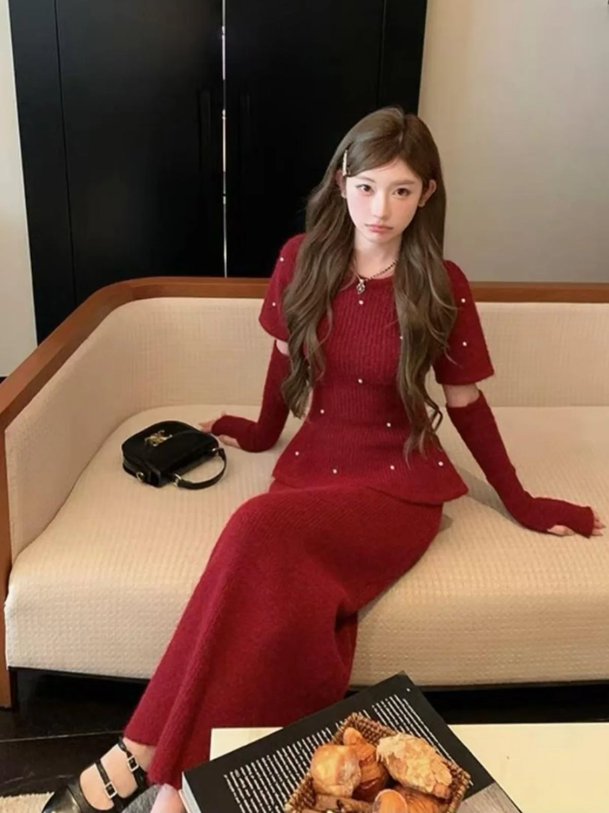 

Red Ele Beaded Knitted Sweater Women Spring Autumn Design Slimming Inner Wear Base irt Top Sve Set round Ne Long S...