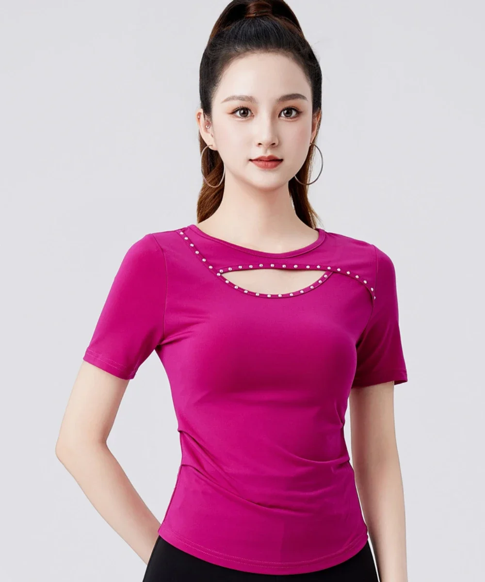 

Party Dresses Samba Latin Dance Tops Women Sports Jazz Rhinestones Wear Evening Practice Clothes Short Sleeve Dancewear T-shirt