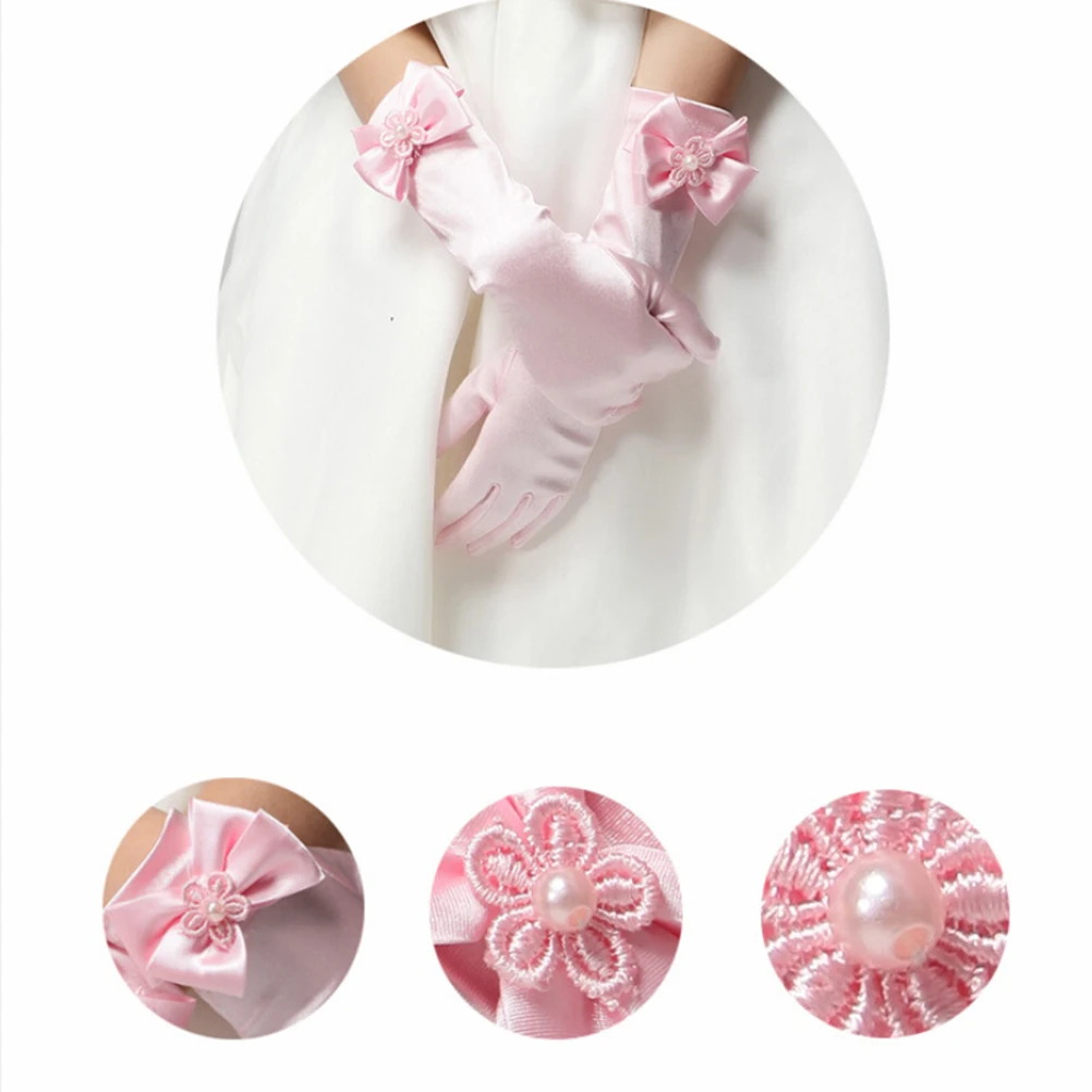 

Flower Girl Short Bowknot Design For Wedding Flower Girl Short Gloves Party Costume Elegant Comfortable Fashion Gloves Pink L
