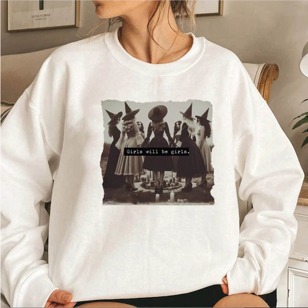 Vintage Girls Will Be Girls Witch Sweatshirt Funny Witch Sweatshirt Halloween Women Hoodies Long Sleeve Pullover Witchy Hoodie