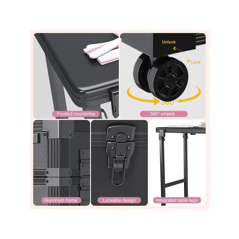 Portable Nail Art Table with LED Mirror, Bluetooth Function, Lockable Drawers, and Telescopic Pole - Folding Manicure Station