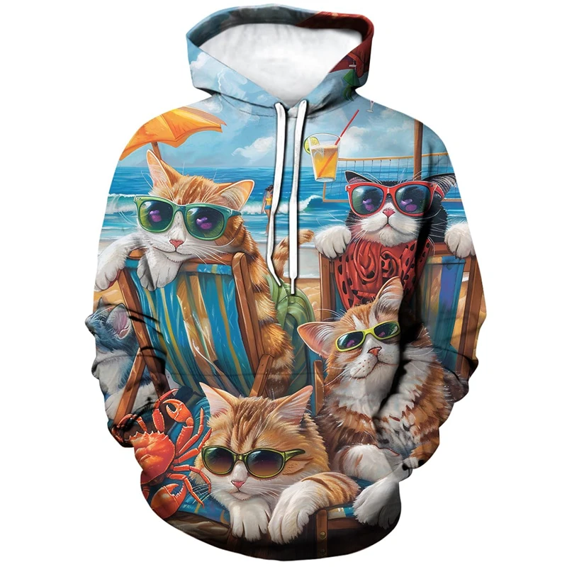 Unisex Adults 3D Dog Cat Printed Hoodies For Men Women Pullover Novelty Sweatshirts With Pockets Cute Pet Beach Hoodie Tracksuit