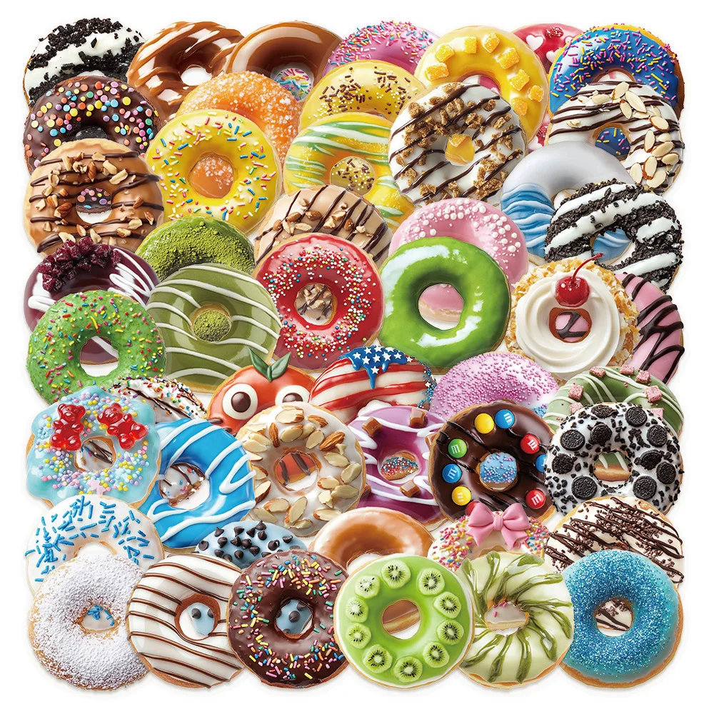 

50/100 шт., наклейка в виде пончика, мультяшный декор «сделай сам», наклейки для телефона, ноутбука, шлема, холодильника, скейтборда, канцелярские принадлежности, водонепроницаемые наклейки для багажа