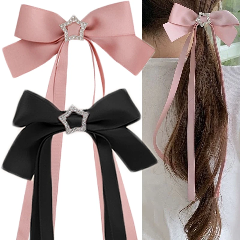 Kawii Star Bowknot Hair Clip Long Ribbon Girls Rhinestone Fashion Elegant Duckbill Ponytail Hairpins for Women Hair Accessories