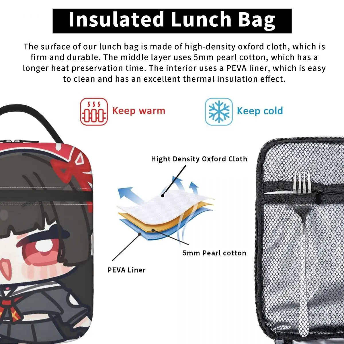 Wuthering Waves Chisa حقيبة الغداء التصميم الجرافيكي علب الاغذية عادية في الهواء الطلق نزهة حقيبة للحفاظ على البرودة المحمولة أكسفورد الحرارية حمل حقائب اليد