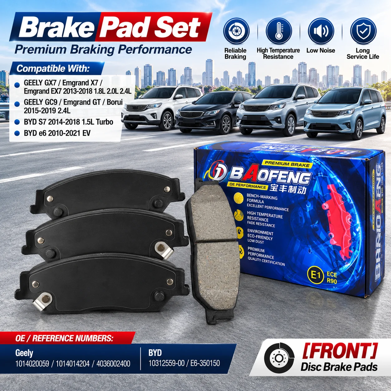 For GEELY GX7, EX7, Emgrand GT / GC9, For BYD S7, e6, T3 EV THREEON Ceramic Front Brake Pad Set 1014020059 1031255900 4036002400