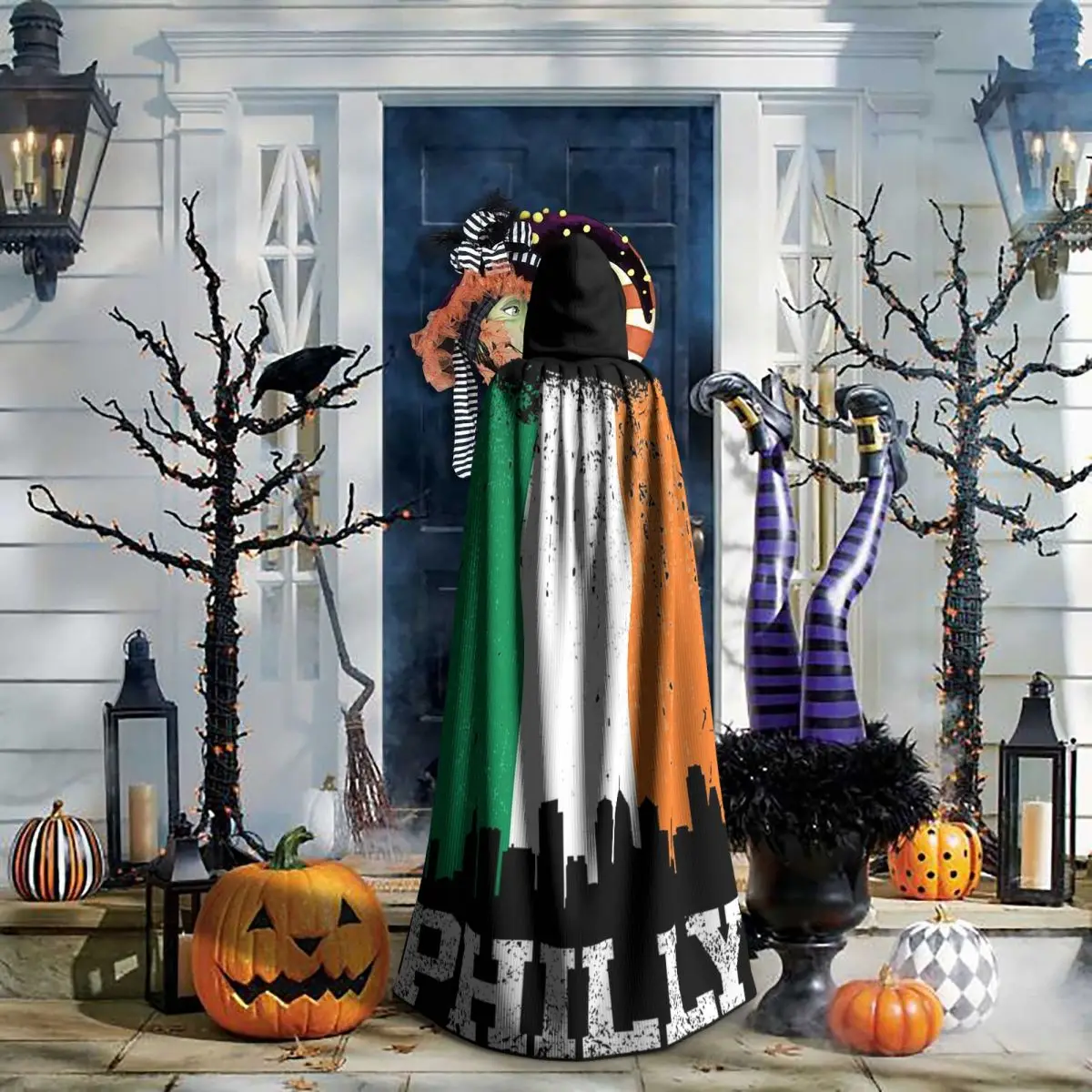 빈티지 필라델피아 아일랜드 국기 필리 스카이라인 프라이드 긴 후드 망토 마녀 중세 의상 코스프레 케이프 할로윈 파티