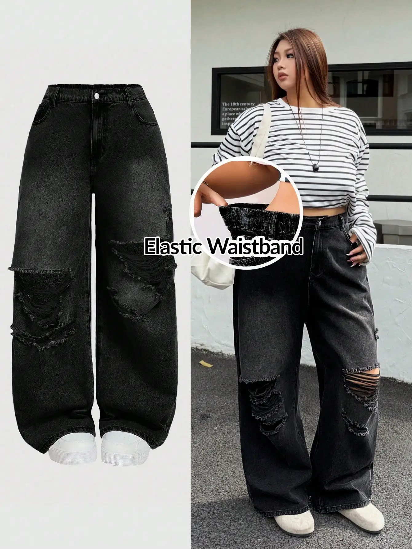 

Джинсы с широкими штанинами и эффектом потертости, с эластичным поясом, черные рваные джинсовые брюки для повседневной уличной моды