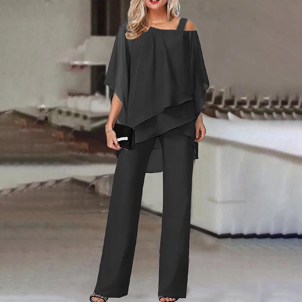 Women\' Suit Spring Summer Autumn Bat Sleeve Tops Trousers Casual Off-Shoulder Irregular Party Suit Elegant Two-piece Set Women