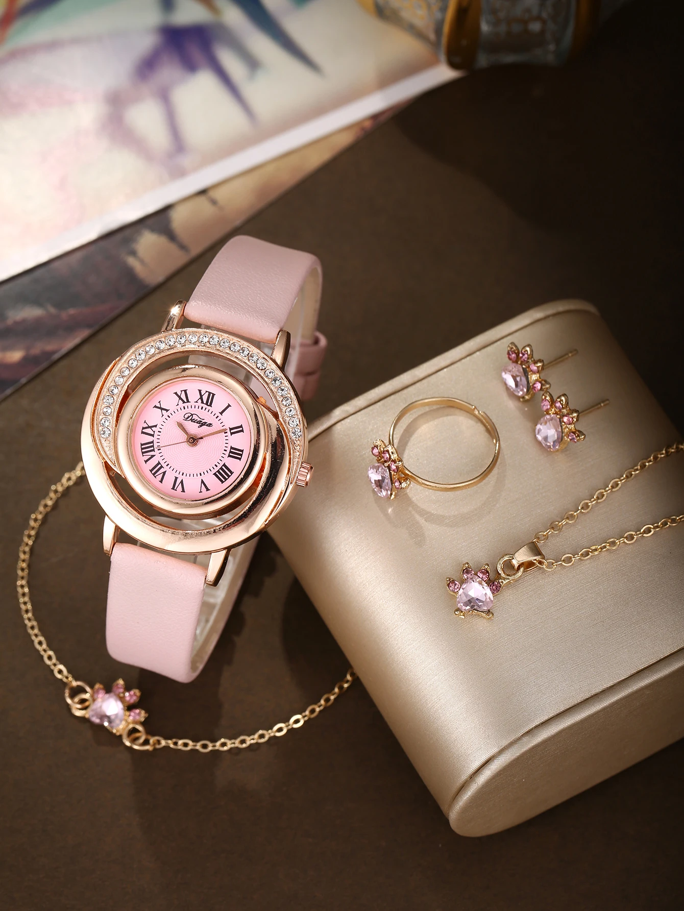 6pcs Women's High Beauty Leather Watch Trendy Versatile Pink Quartz Watch