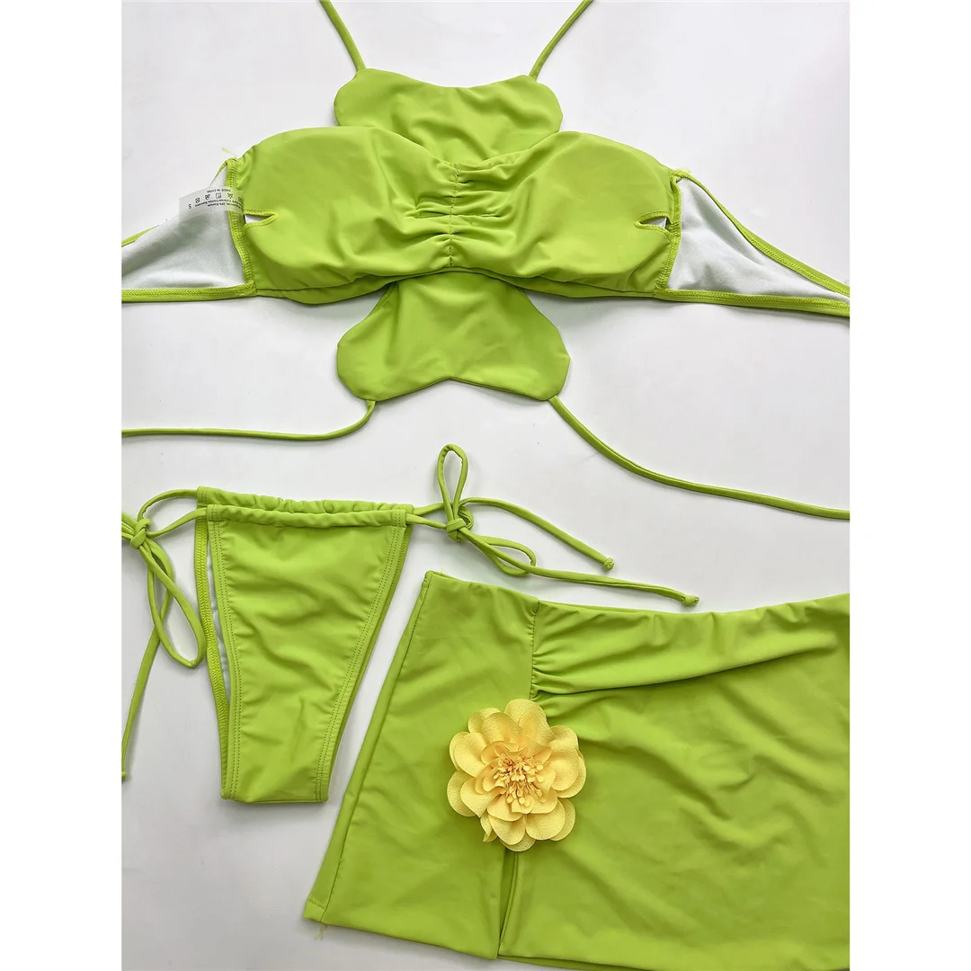 Mit Rock 3D-Blumen Neckholder-Bikini Damen-Badeanzug Damen-Bademode Dreiteiliges Bikini-Set Gepolsterter Badeanzug Badebekleidung V6699 – Detail 6