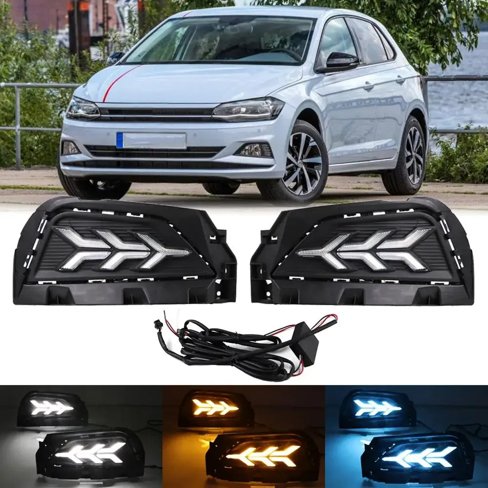 3 Color LED DRL Day Light for VW Polo 2019+ Daytime Running Light 3Y Driving Lamp with Dynamic Turn Signal + Blue Mode