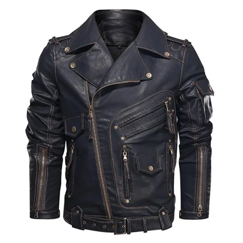 

Winter Mens Leather Jacket Men Fashion Motorcycle Leather Jacket Cool Zipper Pockets Leather Coats EU Size