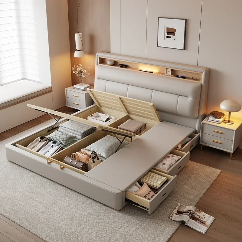 White Northern Europe Bed Simple Corium Storage Double Bed Master Bedroom Design Testiera Letto Matrimoniale House Accessories