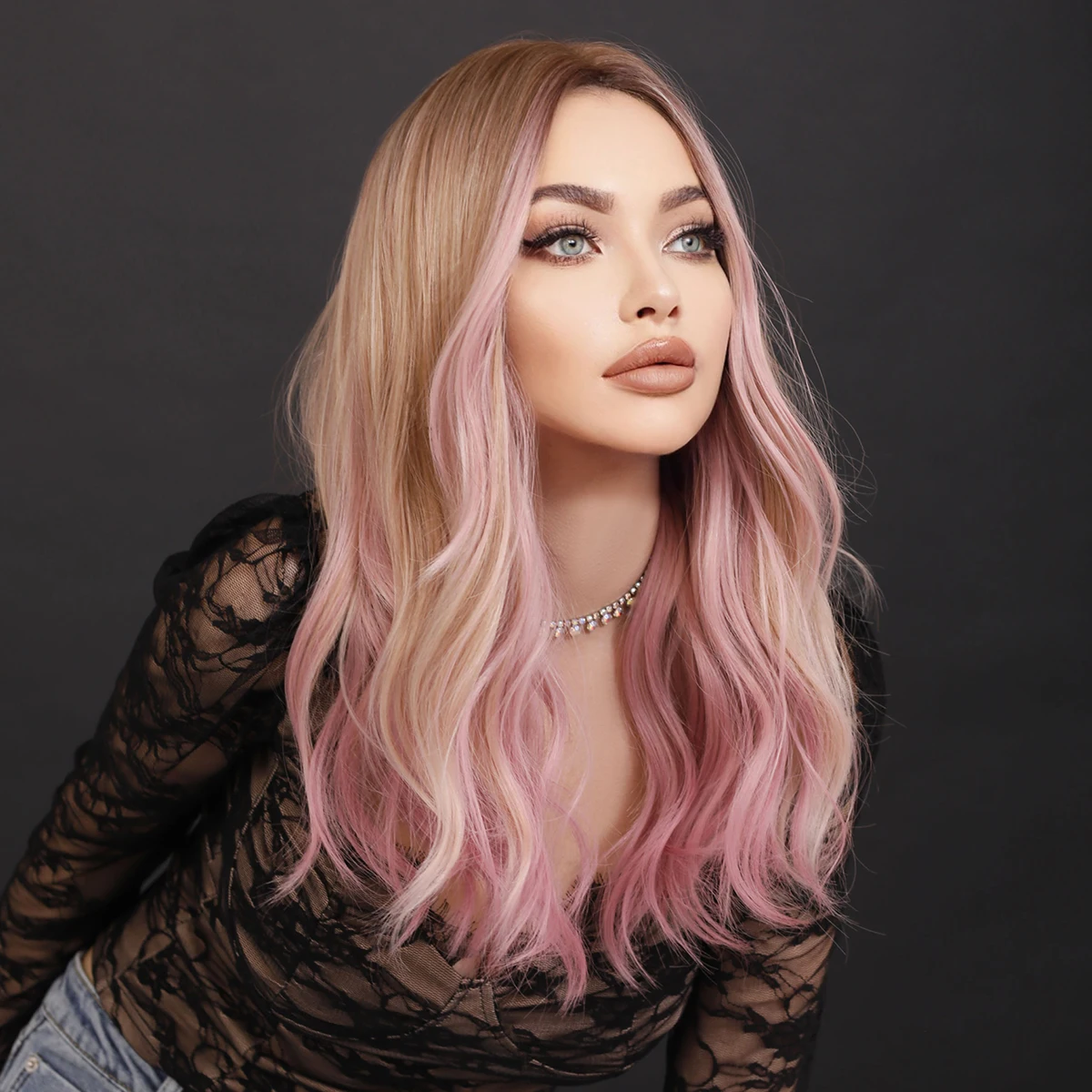 NAMM Long Wavy Ombre Blonde Wig for Women Daily Cosplay Natural Middle Part Synthetic Pink Wigs Heat Resistant Lolita Wig