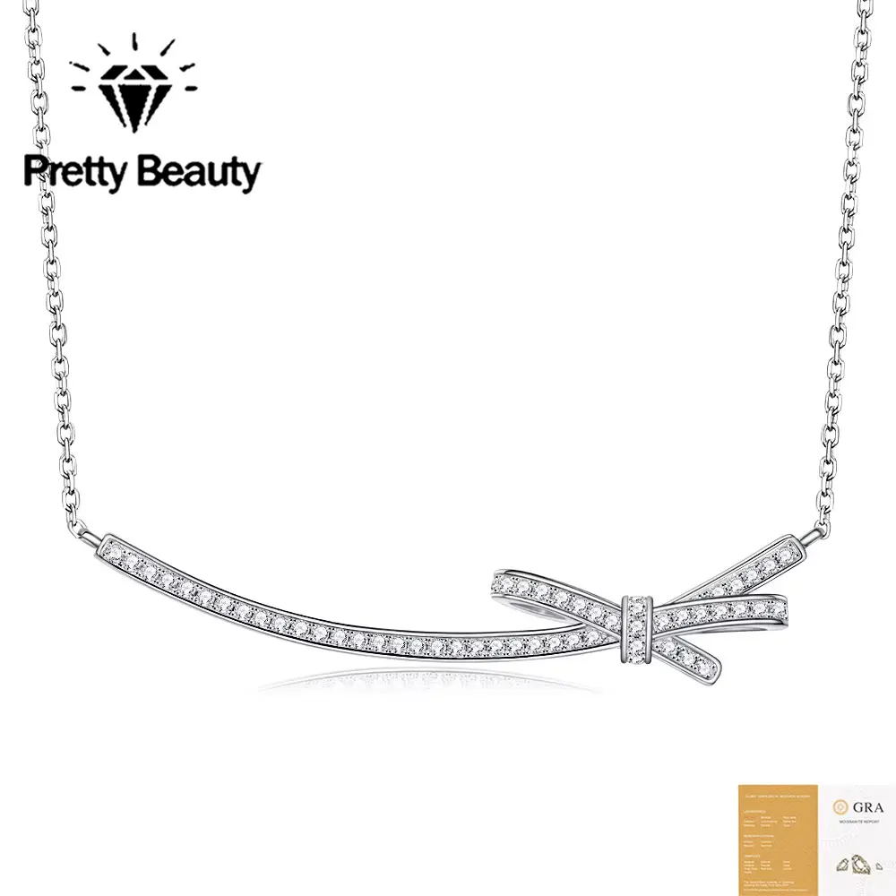 Pretty Beauty Bow Ribbon Moissanite Pendant Necklace 925 Sterling Silver Curved Bar Chain Dainty Wedding Jewelry Gift for Women