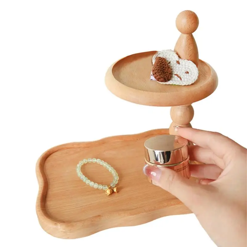 Two Layer Stand Holder Jewelry Ring Dish Display Tray Wooden Double Layer Cupcake Dessert Holder Versatile Key Bowl For Keys