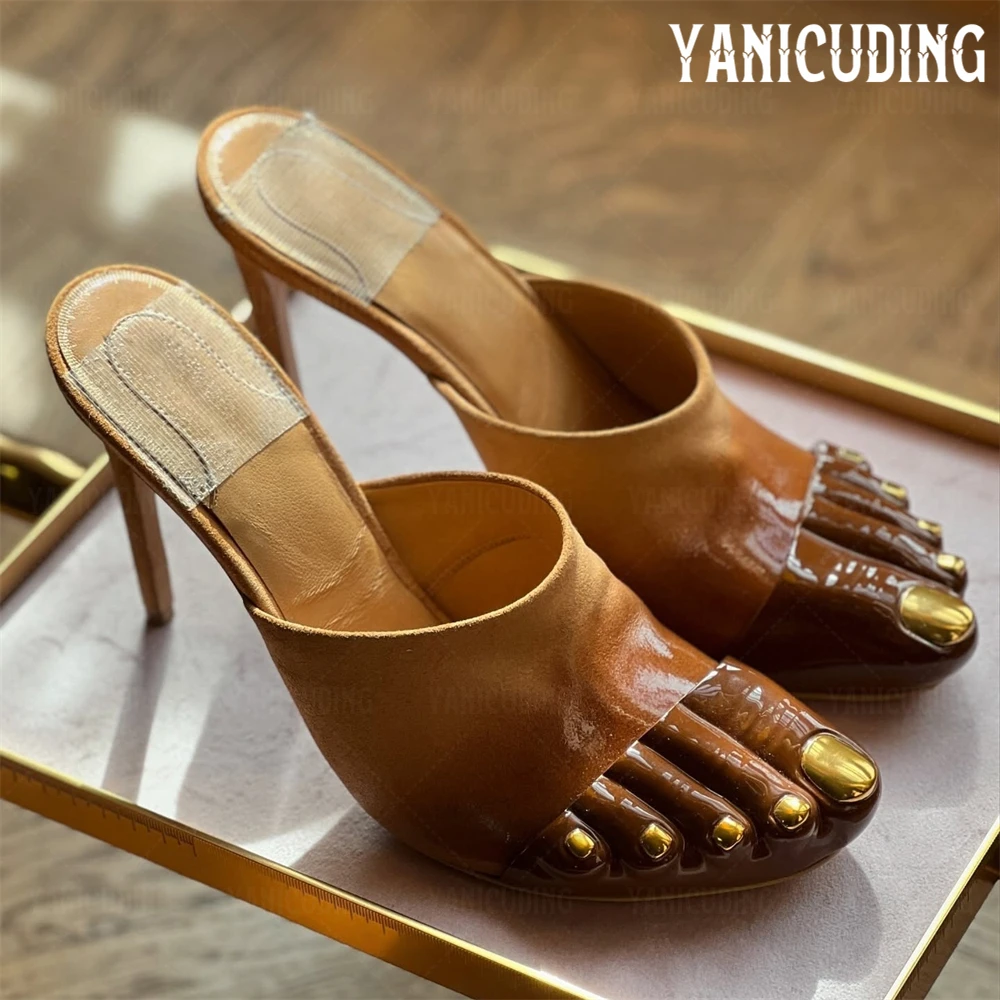 

Handmade Polished Gradient Mules Novelty Gold Toe Slippers Designer Style Summer Stilettos Luxurious Elegant Banquet High Heels