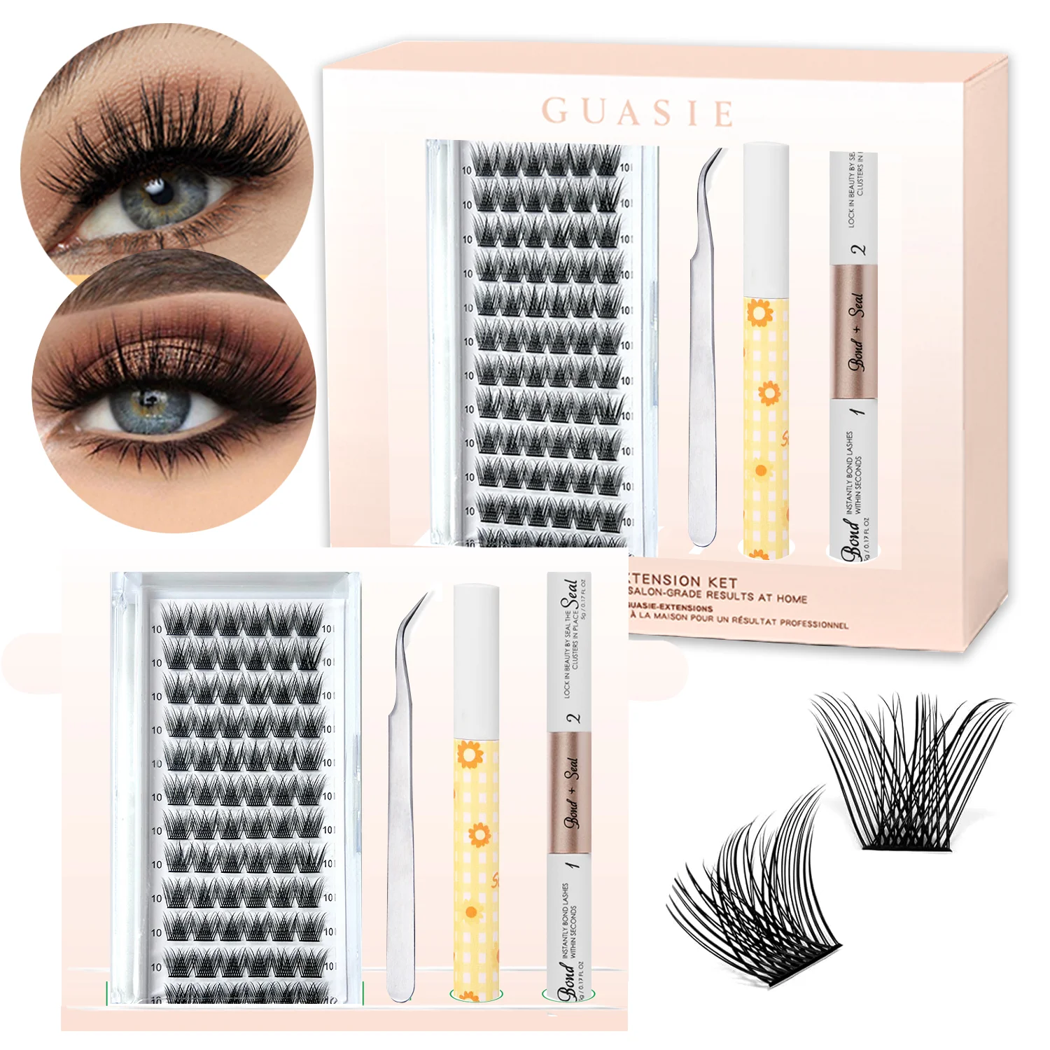 Zestaw do samodzielnego przedłużania rzęs Guasie Lashes, 72 szt. kępek rzęs, wodoodporny klej do rzęs i płyn do usuwania kleju do przedłużania rzęs DIY.