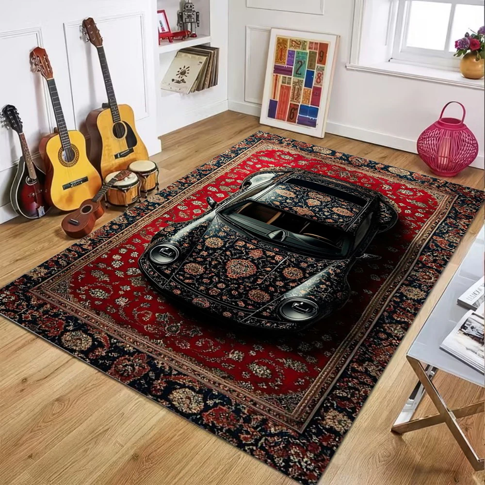 Ornate Car & Rug Pattern Carpet Series Non Slip Soft Easy To Clean Ideal for Home Lounge Vacation House Eye Catching Decor Rugs