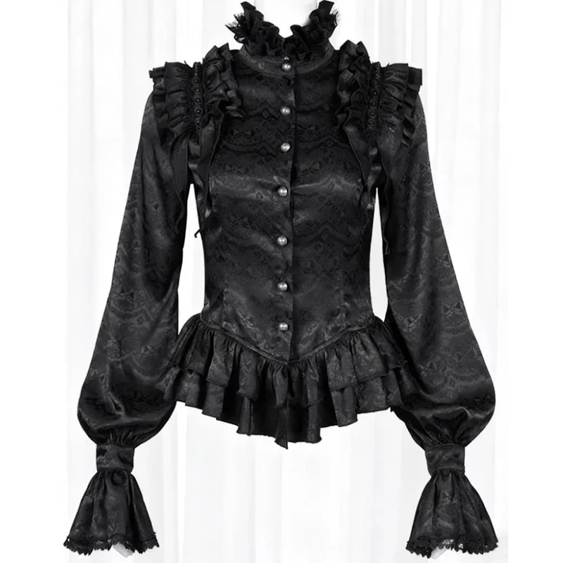 

Готическая викторианская рубашка в средневековом стиле с высоким воротом и рюшами, кружевной отделкой, пышными рукавами, винтажная блузка в стиле Лолиты, элегантный топ для косплея