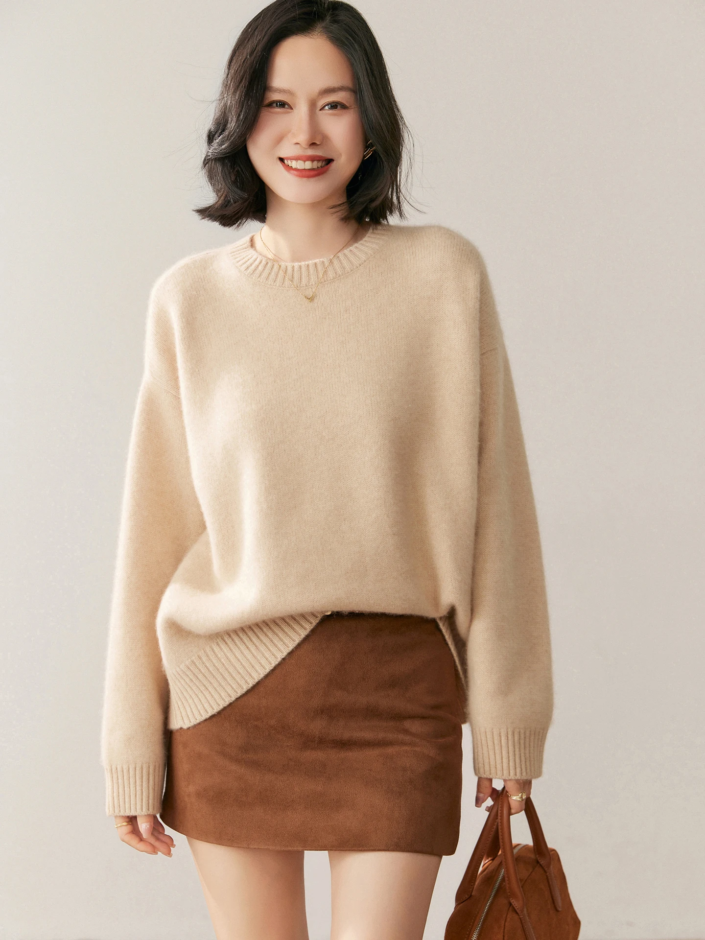 TLOML Jesienno-Zimowy Sweter Damski 100% Kaszmir Okrągły Dekolt Długi Rękaw Jednolity Kolor Miękki Ciepły Sweter z Kaszmiru Luźny Gruby Top