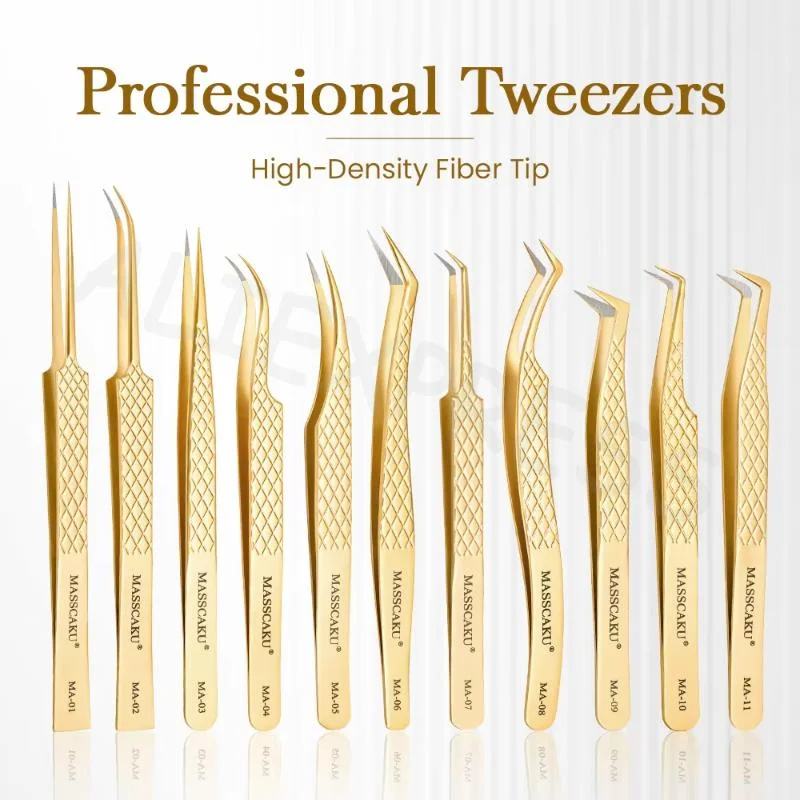 Eyelash Extension Tweezers Anti-Slip Fiber Tip Gold Stainless Steel Professional Lash Pickup Tool for Makeup Artists