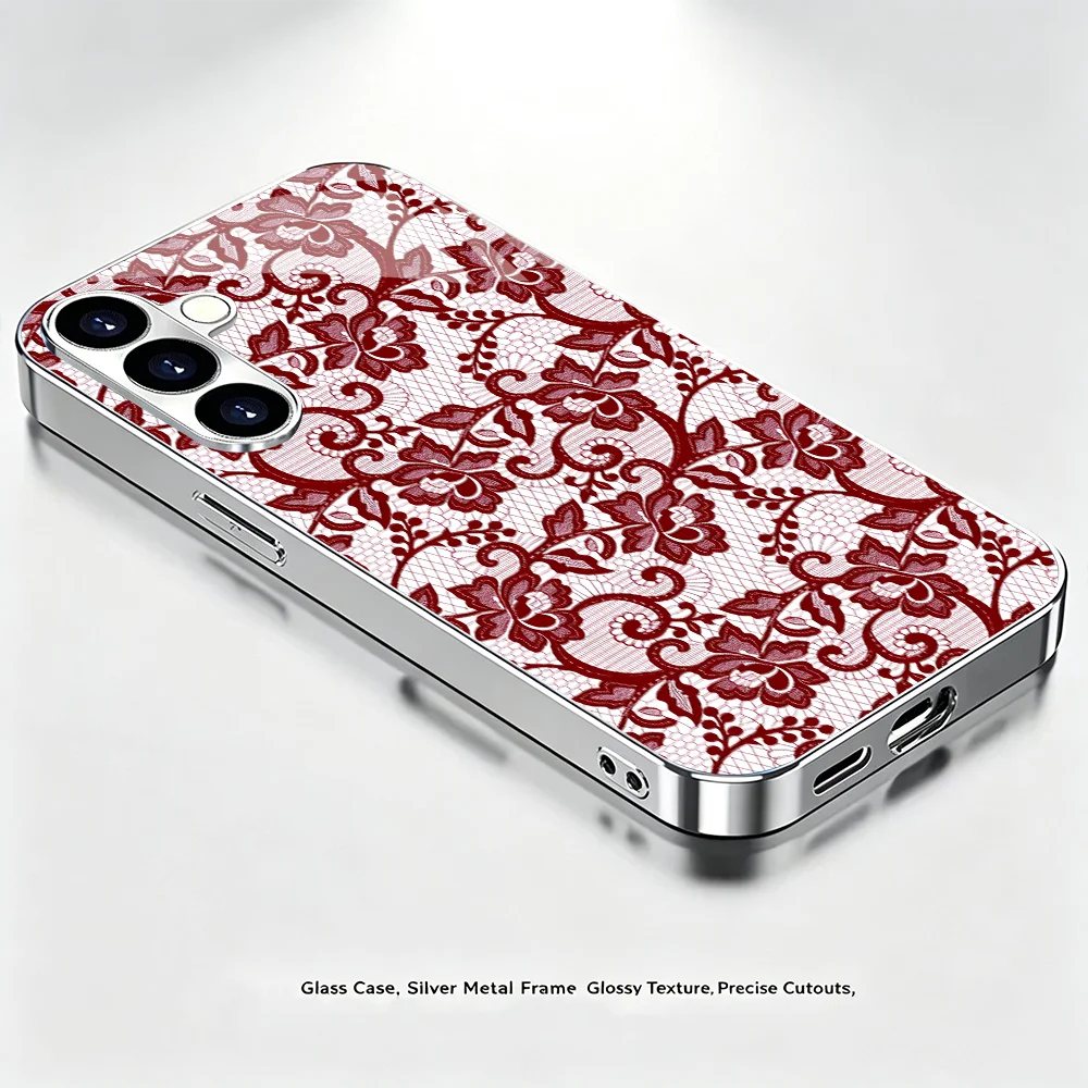 Modern Vintage Red Lace Floral Glass phone case for Samsung Galaxy S26 S25 S24 S23 S22 S21 Ultra FE Plus Lightweight Protective