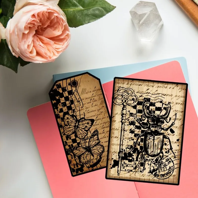 1Sheet Retro Keys and Feathers Clear Stamps for Cards Making Vintage Text Background Clear Stamp Seals Transparent Stamps