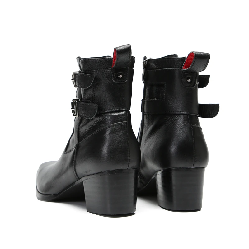 Sapatos Masculinos Mens Ankle Boots High Heels Black Genuine Leather Double Buckle Shoes Men Business Office Party Boots Cowboy
