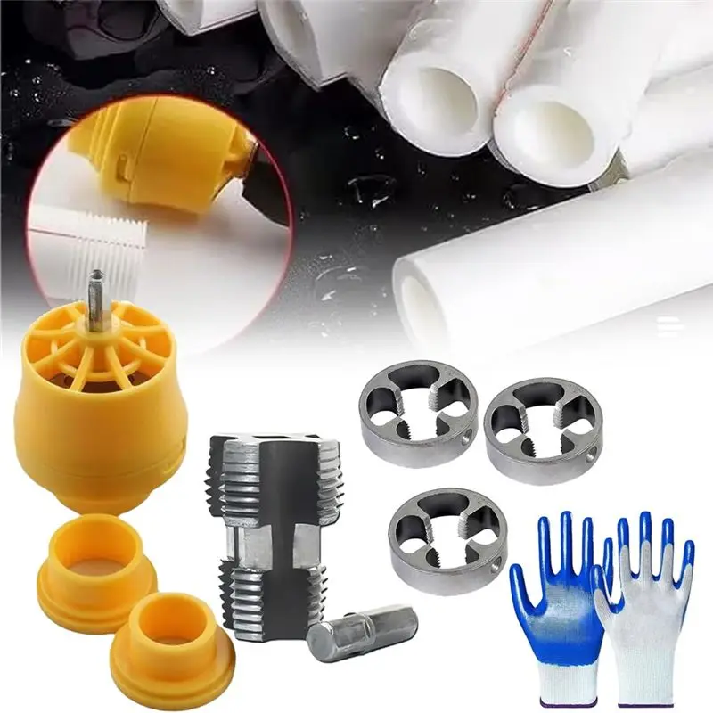 B62B-Electric Drill Compatible PVC Pipe Threader Kit With Various Die Sizes, PVC Thread Maker Tool For Electric Drill