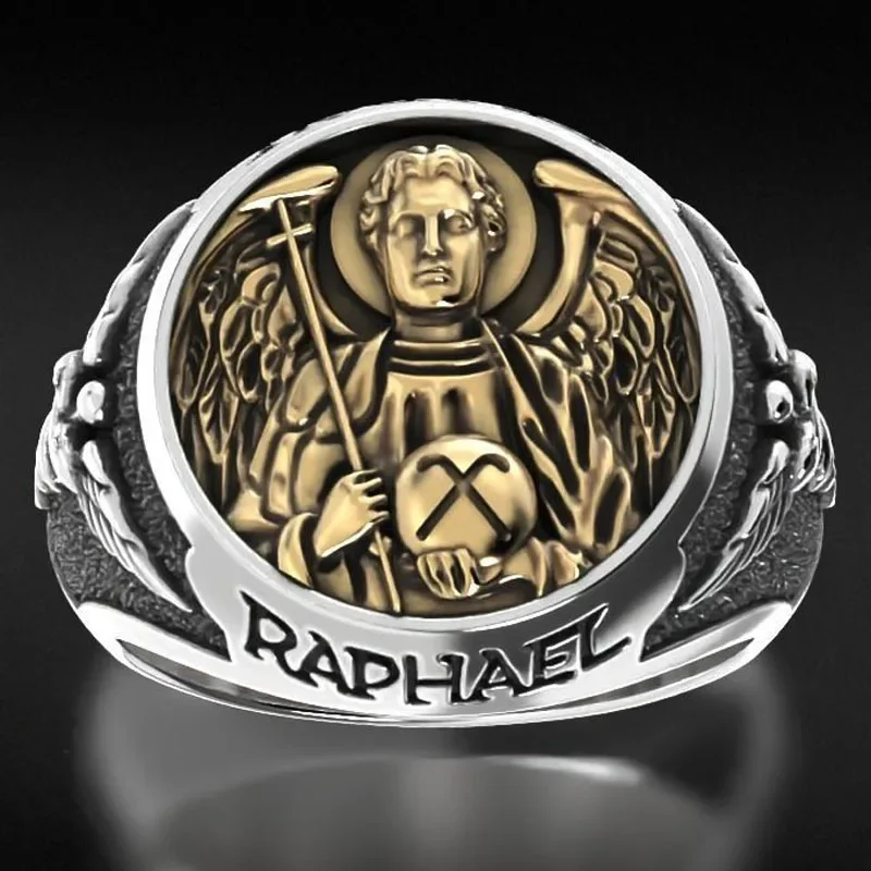 22g Ring Of The Holy Archangel Raphael Religious Art Relief Gold Rings Customized 925 Solid Sterling Silver Rings Many Sizes 7-1