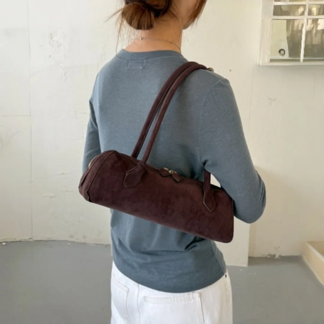 Vintage Suede Women Baguette Handbag Retro Long Shoulder Bag Zipper Design Casual Daily Small Tote Purse For Daily Outing