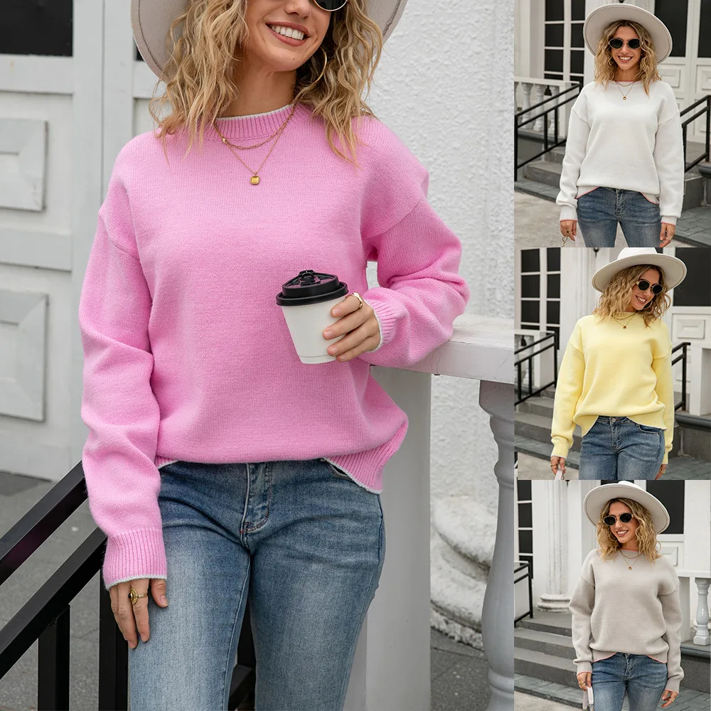 

Pullovers Women Knitted Round Neck Sweaters Full Sleeve Jumpers Y2k Streetwear Elegant Splice Knit Work Autumn Winter 2025