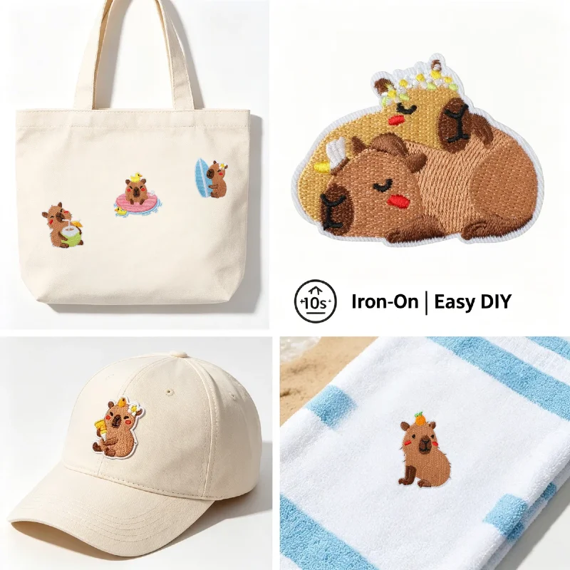 1PCS Patch Bordado de Capivara Surfista, Adorável Patches Termocolantes de Marmota para Decoração de Roupas Infantis