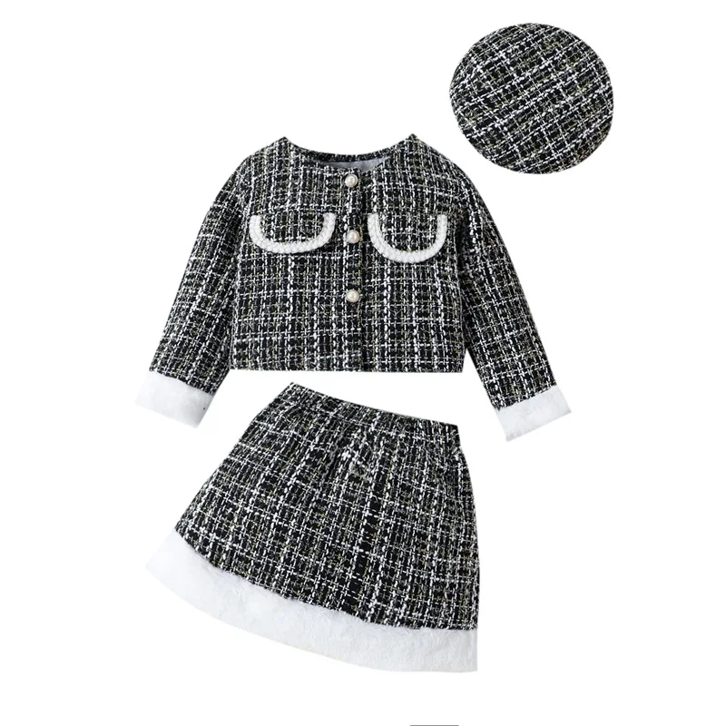 Little Girl T Outfit Long Sleeve Button-up Jacket Fuzzy Trim Mini Skirt Beret Hat 3 Pcs Set