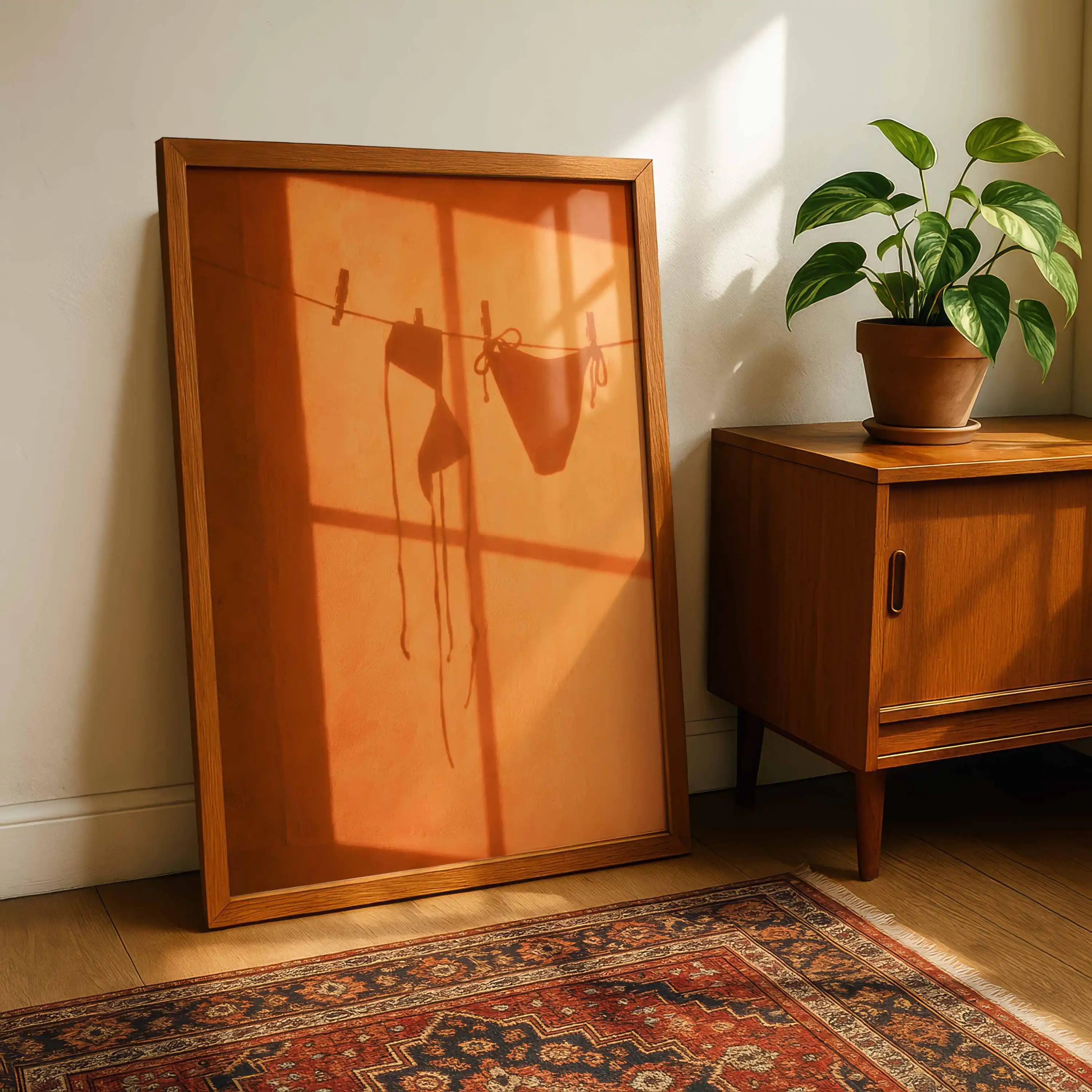 Modern Abstract Golden Bikini Shadow Canvas Poster - Unframed Minimalist Orange Sunlight Coastal Poster for Bathroom Decorations