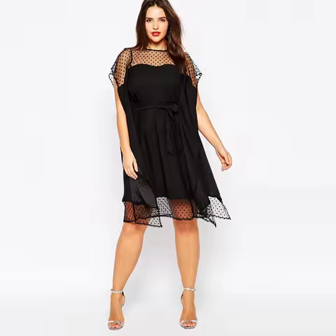 Plus Size Elegant Fashion Party Dress Women Dot Printed Mesh Black Work Office Dress Female Large Size Casual Evening Dress 7XL